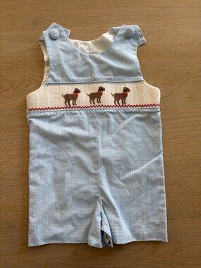 Delaney Smocked Lab Puppy Dog Jon Jon 3T Blue Gingham Boy Bobbie Brooks